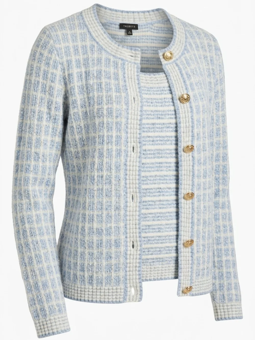 Talbots Light Blue & White Tweed Button Cardigan